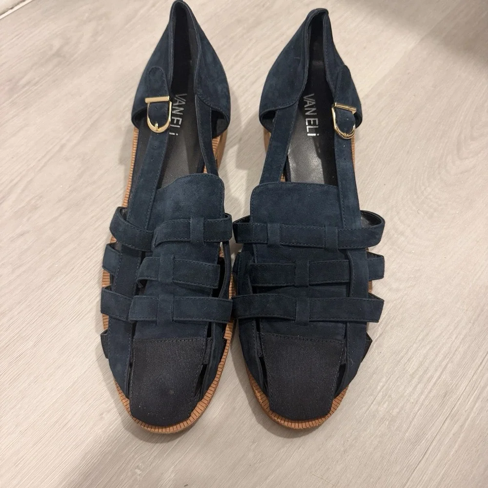 VANELi Womens 9N Navy Blue Suede Fisherman Sandals Woven Slingback Leather